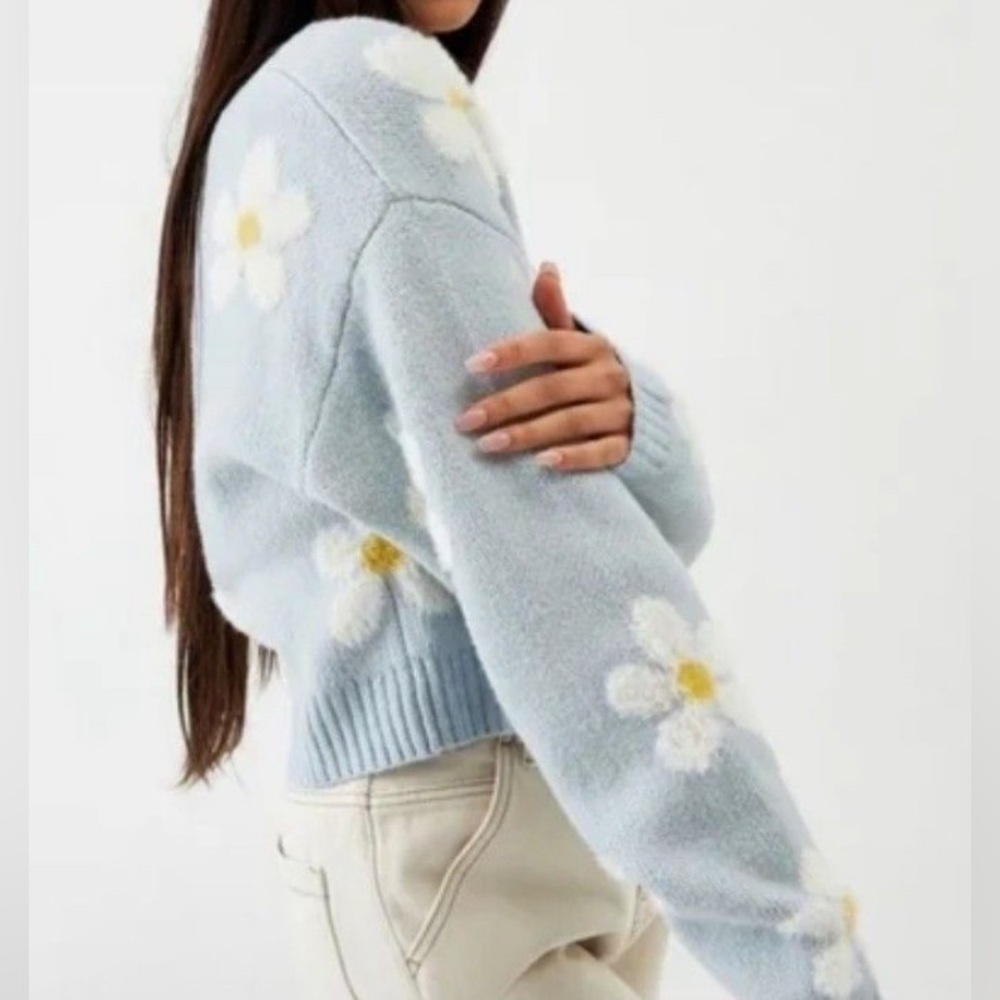 Lottie Moss Womens Fur Soft Knit Sweater Cardigan Blue Daisy Crop Cozy Medium